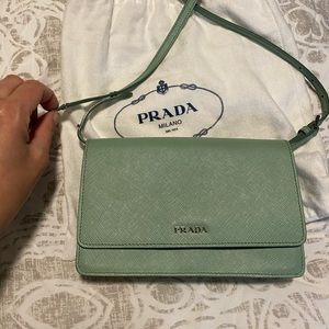 Prada Saffiano Wallet on a Chain in Aquamarine